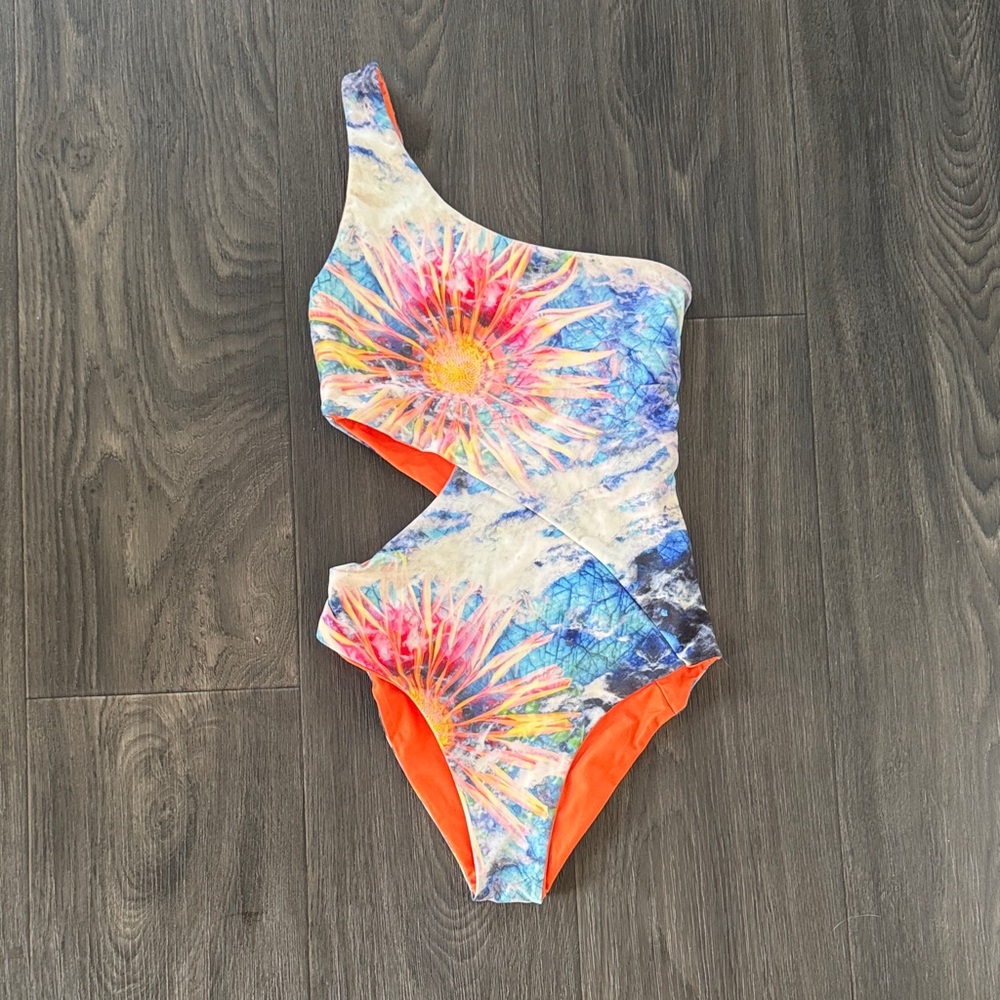 Wolven Threads Elektriflora One Shoulder Reversible One-Piece Swimsuit XS